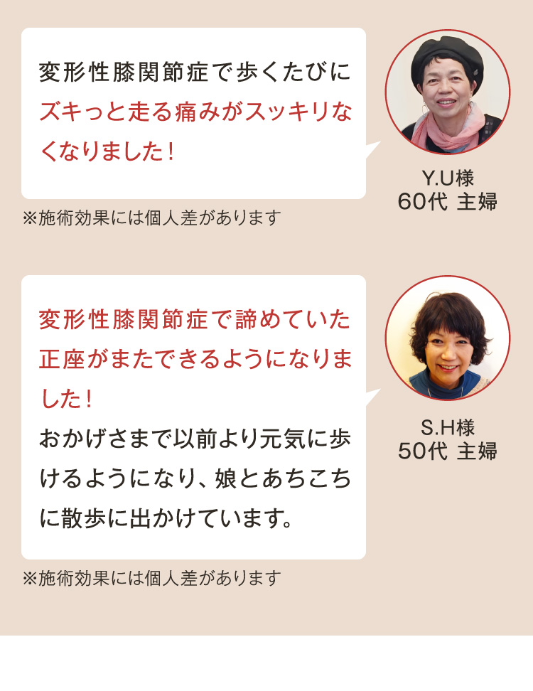 変形性膝関節症で歩くたびにズキっと走る痛みがスッキリなくなりました！
変形性膝関節症で諦めていた正座がまたできるようになりました！おかげさまで以前より元気に歩けるようになり、娘とあちこちに散歩に出かけています。