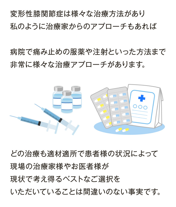 変形性膝関節症はさまざまな治療方法があり、私のように治療家からのアプローチもあれば病院で痛み止めの服用や注射といった方法まで、非常にさまざまなアプローチがあります。